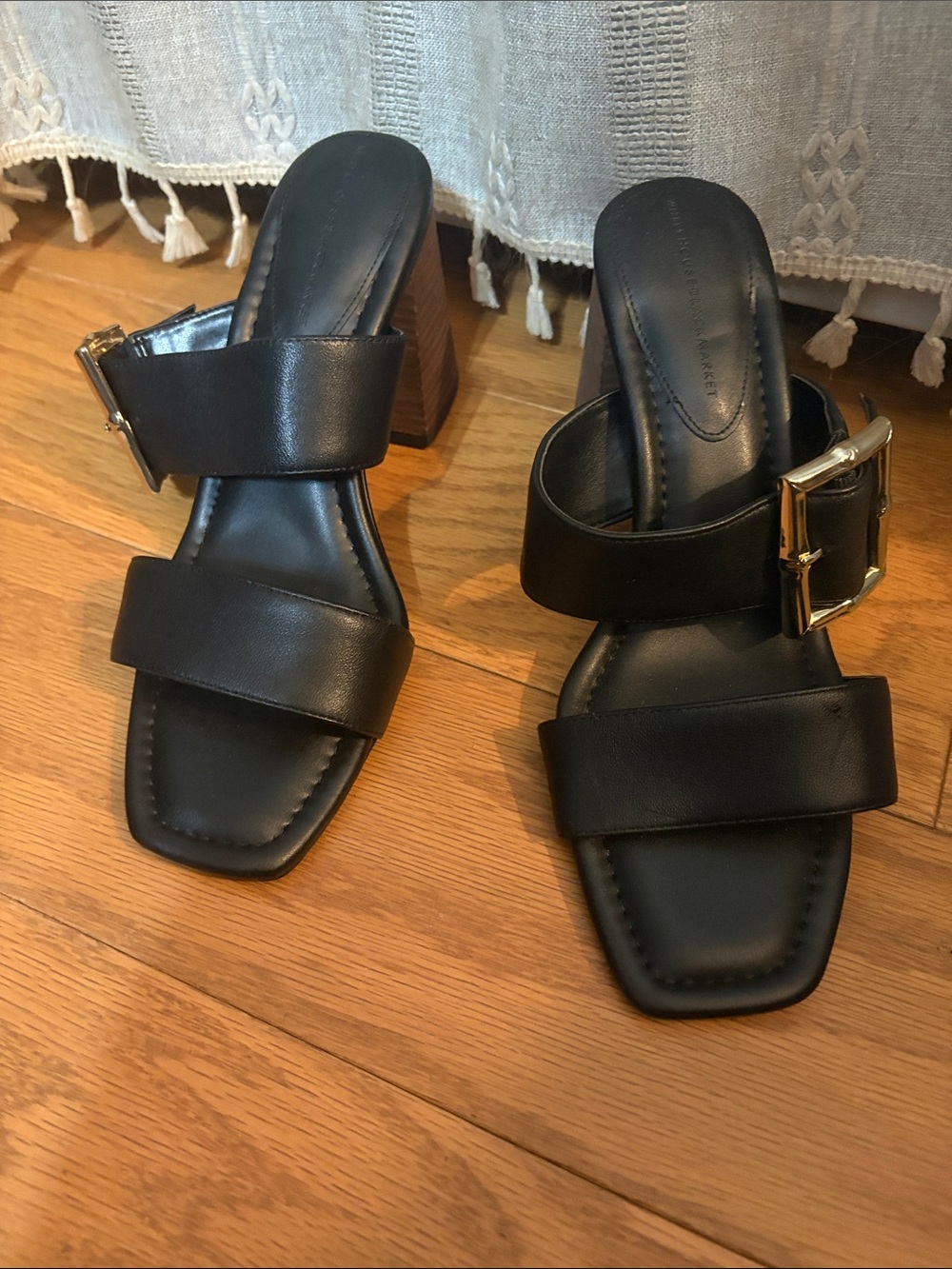 White House Black Market Black Leather Block Heel Slide Sandals with Gold Buckle